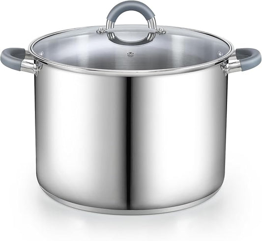 Cook N Home Large Stock Pot with Lid, 16-Quart Basic Stainless Steel Cooking Gumbo Soup Pot, Stay-Cool Silicone Handles