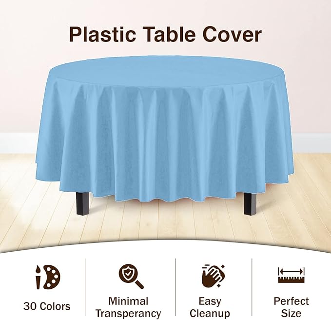 Party Solids 6-Pack Premium Plastic Tablecloth 84in. Round Plastic Table Cover - Light Blue