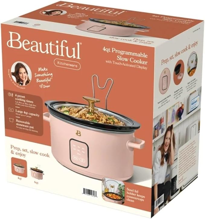 Beautiful by Drew Barrymore 4Qt Slow Cooker, Touch-Activated Display, 4 Presets, Auto Warm, Dishwasher-Safe Pot.