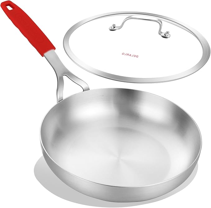 DELARLO Tri-Ply Stainless Steel 8 inch Frying Pan With Lid, Oven Safe Induction Skillet, Suitable for All Stoves Up to 600?됵펷Lids 300?됵펹