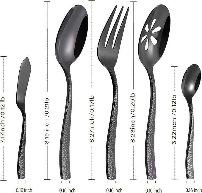 Silverware 65-Piece Black Hammered Flatware Set with Serving Utensils Stainless Steel Thick Handle Mirror Polished Cutlery Set for Wedding Hotel Restaurant, Service for 12