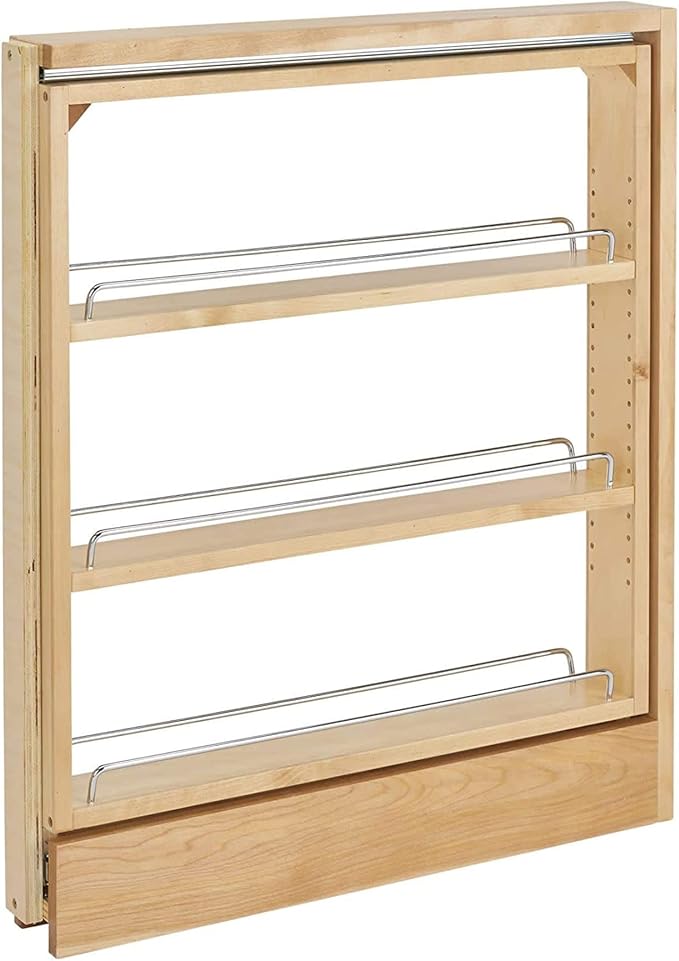 Rev-A-Shelf 3" Pull Out Shelf Organizer for Between Base Kitchen Cabinets, Adjustable Filler Spice Rack Seasoning Storage Holder, Wood, 438-BC-3C