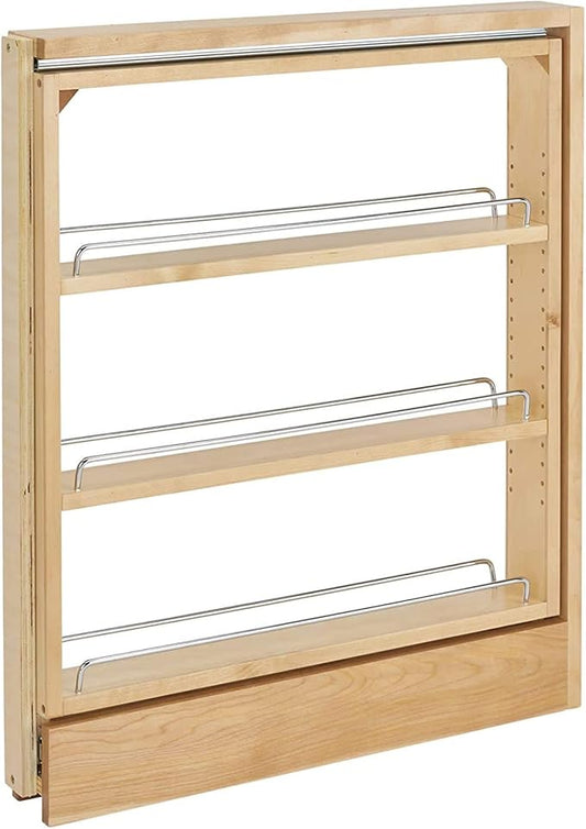 Rev-A-Shelf 3" Pull Out Shelf Organizer for Between Base Kitchen Cabinets, Adjustable Filler Spice Rack Seasoning Storage Holder, Wood, 438-BC-3C