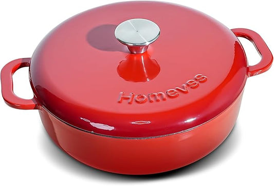 5.5 Quart Enameled Cast Iron Dutch Oven with Lid ??Dual Handles ??Oven Safe up to 500째 F or on Stovetop - Use to Marinate, Cook, Bake, Refrigerate and Serve ??Red