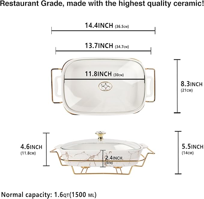 12" x 8" Ceramic Casserole Dish with Glass Lid and rack, 1.6 Quart Serving Soup Tureen,Chafing Dish for Buffet, Family Food preserve Tray, Catering Casserole for Party Style