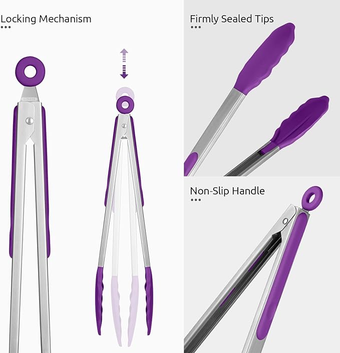 600쨘F Heat Resistant Kitchen Tongs: U-Taste 9+12 inch Silicone Cooking Tong Set with Firm Sealed Non Stick Rubber Tips and Silicon Coated 18/8 Stainless Steel Handle for Serving Grilling Salad(Purple)