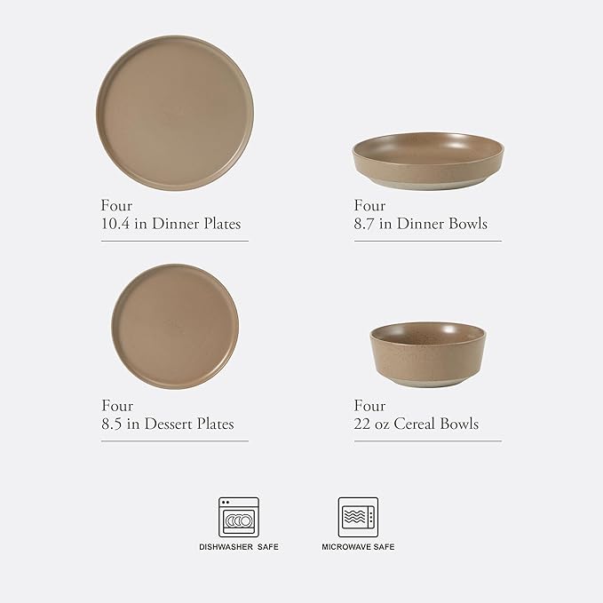 Gibson Elite Overbrook 16-Piece Pottery Clay Stoneware Dinnerware Set ??Terraccotta Brown Reactive Glaze, Stackable Plates and Bowls w/Pasta Bowl, Service for 4 ??Microwave & Dishwasher Safe