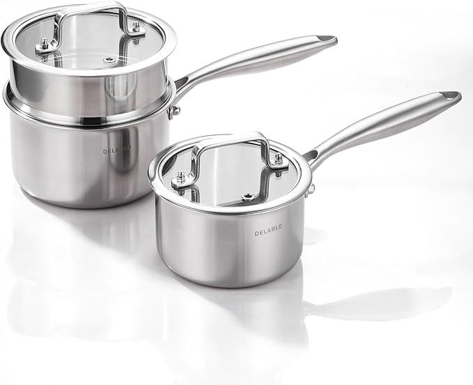 DELARLO Sauce Pan Sets, Compatible with All Cooktops 600?? Full Clad Triply Stainless Steel Saucepan, 1QT Pot & 2 QT Pot with Steamer (Lids 300??