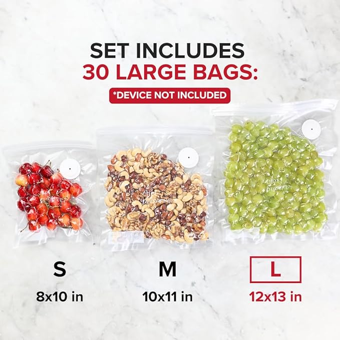 Chef Preserve Reusable Vacuum Sealer Bags for Food ??30 BPA-Free Large (12 x 13 in) Food Storage Bags, Freezer, Microwave ??Odor-Resistant, Leak-Proof ??Compatible with Chef Preserve Vacuum Sealers