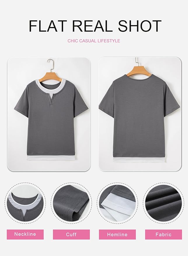 SHEWIN Womens Tops Casual Crewneck Color Block Short Sleeve Mock Double Layer T-Shirt Summer Outfits for Women 2026