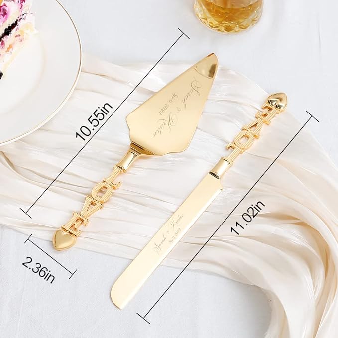 Wedding Cake Knife and Server Set, Personalized Gold Cake Cutting Set for Wedding, Engraved Classic Cake Knives Cutter Set, Pie Server, Birthday Bridal Quincea챰era Gift (CUS-Love)