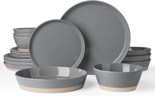 Famiware Saturn 16 Pieces Plates and Double Bowls Sets for 4, Stoneware Dinnerware Set with Pasta Bowl, Dish Set with Trim - Chip & Scratch Resistant, Microwave & Dishwasher Safe, Dark Gray