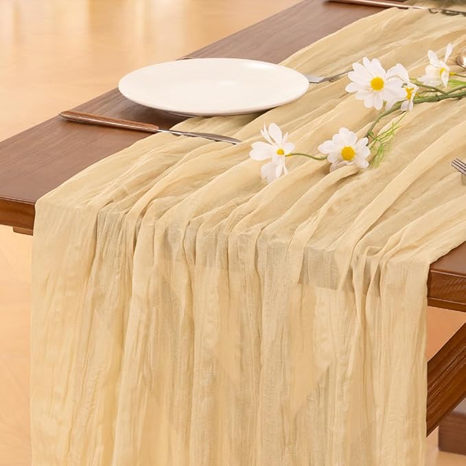 Socomi 10pcs Gold Champagne Cheesecloth Table Runner Boho Rustic Gauze 120 inch 10FT Cheese Cloth Runner for Wedding Party Baby Shower Birthday Home Decor Holiday Decorations