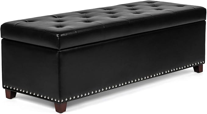 Joveco 47 Inch Storage Ottoman Bench,Tufted Leather Storage Bench with Nailhead Trim for Bedroom (47??Black)