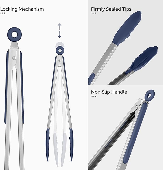 600쨘F Heat Resistant Kitchen Tongs: U-Taste 9+12 inch Silicone Cooking Tong Set with Firm Sealed Non Stick Rubber Tips and Silicon Coated 18/8 Stainless Steel Handle for Serving Grilling-Midnight Blue