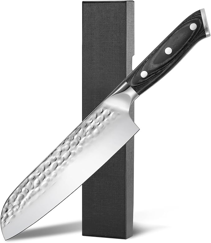 FXFSTEEL Santoku Knife - 7 Inch German 1.4116 High Carbon Steel Kitchen Knife with Pakka Wood Handle, Razor-Sharp Japanese Chef Knife for Precise Chopping, Birthday Gifts for Men/Women, Style A