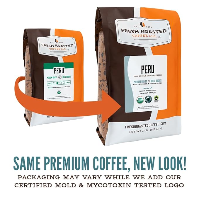 Fresh Roasted Coffee, USDA Organic Peru | 3rd Party Tested for Pesticides, Mold, Mycotoxins, Kosher | 100% Arabica, Specialty Grade, Med Roast 12 oz Whole Bean