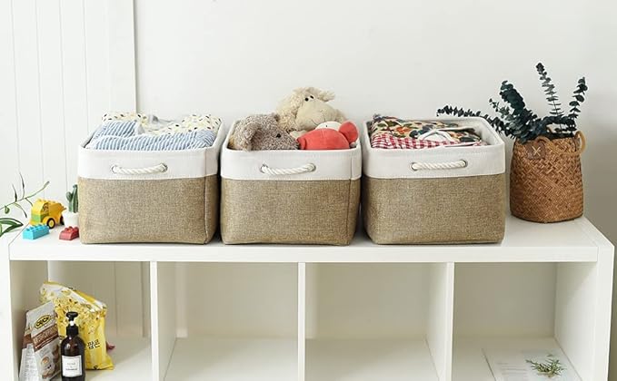 TheWarmHome Organization and Storage Basket for Organizing - X Large - 3 Pack 17.7L횞13.8W횞9.8H in Collapsible Storage Bin for Shelves, Fabric Basket for Gifts Organizer Toy Closet (White & Khaki)
