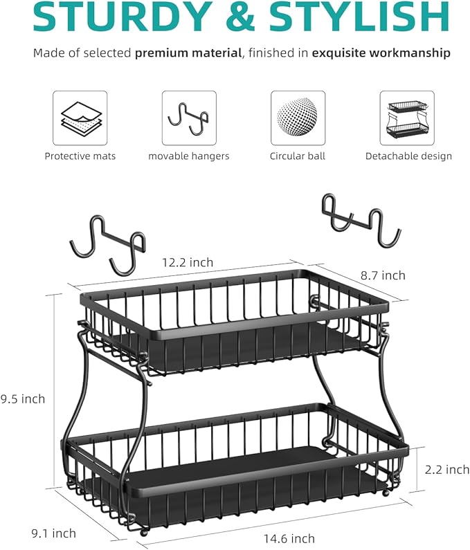 2 Tier Fruit Basket with 4 Banana Hangers, Improved Fruit Bowl for Kitchen Counter, Detachable Large Capacity Countertop Organizer Fruit Holder Stand for Vegetable Bread Snack Produce Storage
