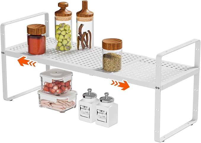 16.5-27?쇺셂 Expandable Cabinet Countertop Shelf Organizer, Stackable Metal Shelves, Kitchen Organizers and Storage, White Storage Spice Rack for Pantry and Cupboard