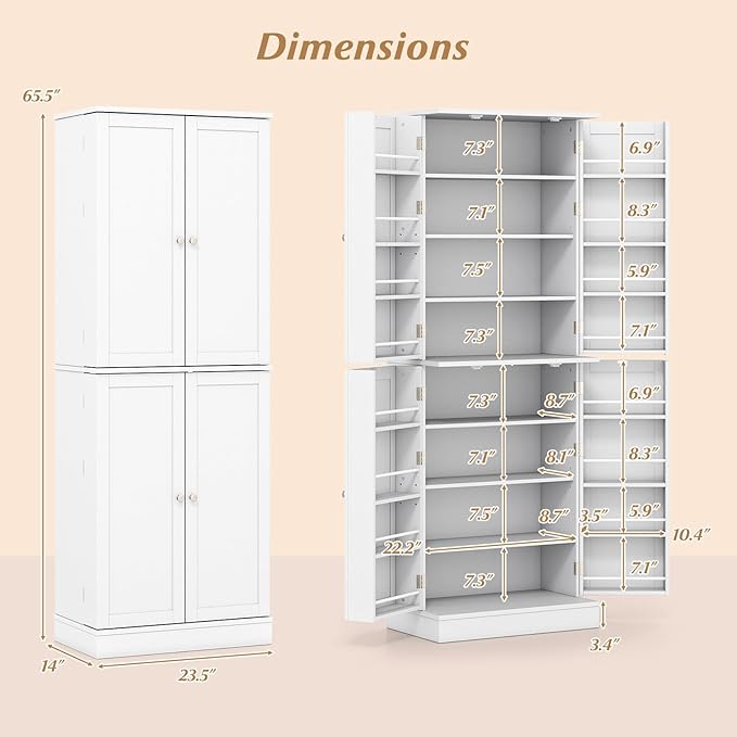 Giantex Kitchen Pantry Cabinet, 65.5" Tall Kitchen Hutch w/8-Tier Storage Cabinet, 16-Tier Door Shelves & Adjustable Shelves, 4-Door Freestanding Buffet Sideboard for Dining Room, Living Room, White