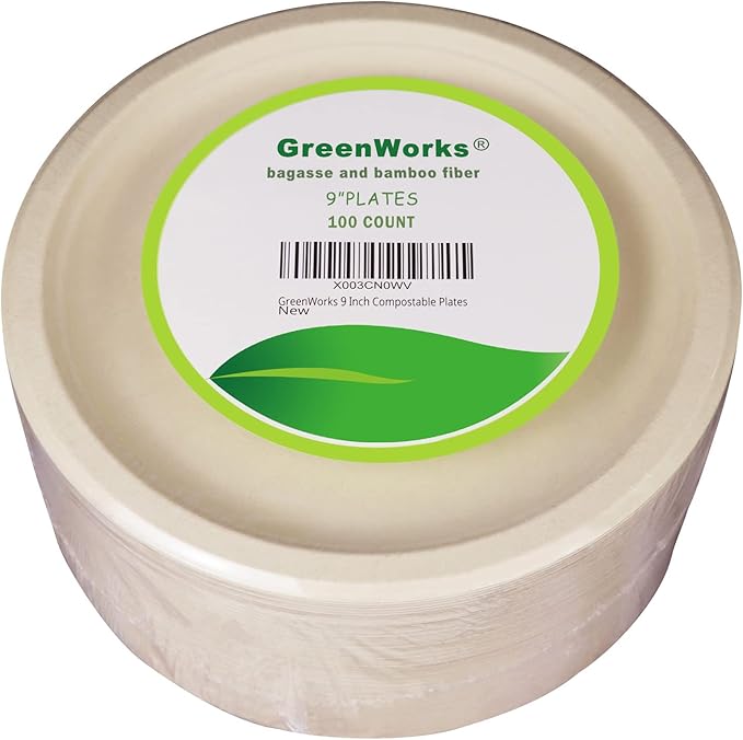 GreenWorks 100 Count 9??Heavy-duty Compostable Plates, Unbleached Biodegradable Bagasse and Bamboo fiber Paper Plates