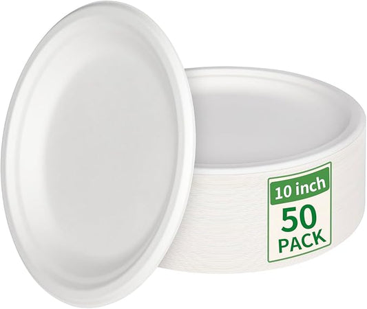 Aricsen 50 Pack 10 Inch Compostable Disposable Round Paper Plates, Natural White Biodegradable Sugarcane Bagasse PFAS-Free Eco-Friendly Dinner Plates for Party Wedding Picnic BBQ (50, 10 INCH)