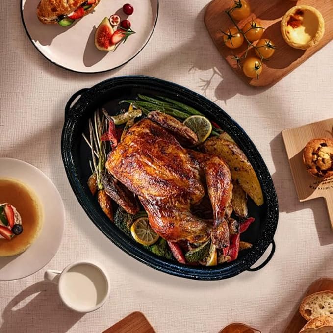 19??Turkey Roasting Pan Enamel Oval Granite Large Roaster Pan with Lid with 17in Inner Diameter Large Capacity Suitable for Thanksgiving Enamel Cook Ware Dishwasher Compatibility Oven Christmas Gift