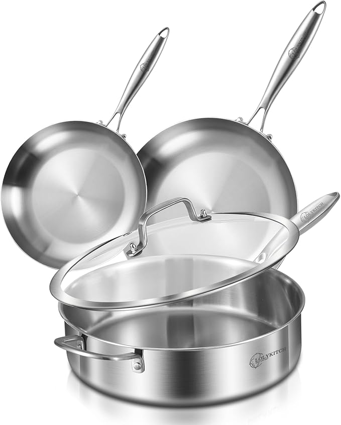 LOLYKITCH 8-10 Inch Tri-ply Stainless Steel Fry Pans and 6 QT Saut챕 Pan with Lid,Induction Cookware Set,Dishwasher and Oven Safe,Detachable Handle