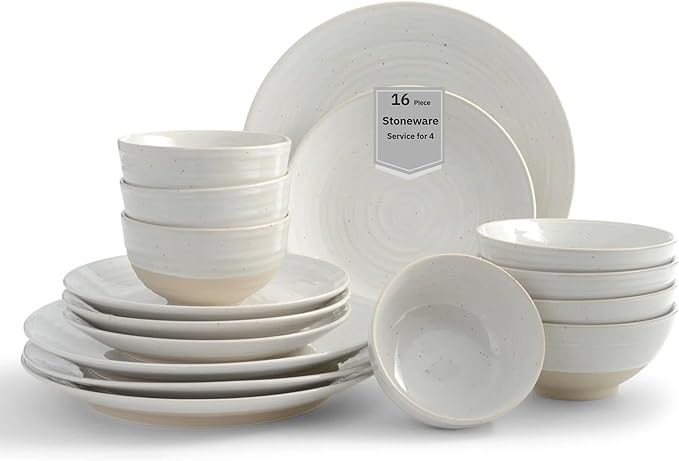 Sango Siterra 16-Piece Rustic White Stoneware Dinnerware Set ??Service for 4, White with Glossy Speckle Overlay, for Everyday Dining & Entertainment, Microwave & Dishwasher Safe