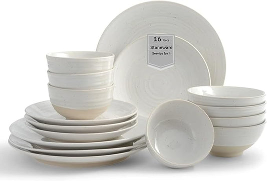 Sango Siterra 16-Piece Rustic White Stoneware Dinnerware Set ??Service for 4, White with Glossy Speckle Overlay, for Everyday Dining & Entertainment, Microwave & Dishwasher Safe