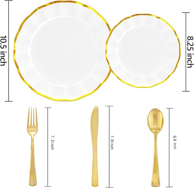 EI 150pcs White Plastic Plates with Gold Plastic Silverware,Disposable Plate Heavy Duty,White Dinnerware Set,Elegant Plates for Party,Wedding,Afternoon Tea,Spring,Valentine's Day