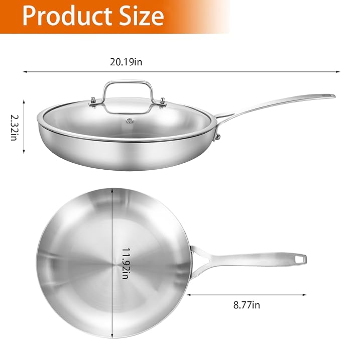 DELARLO Whole Body Tri-Ply Stainless Steel 12 Inch Frying Pan With Lid, kitchen large Skillet Suitable for All Stove Up to 600?? 18/10 Cookware