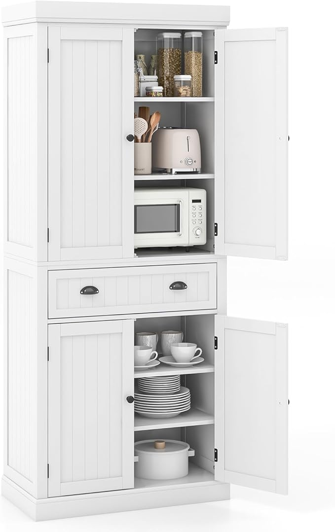 Tangkula 72" H Kitchen Pantry Cupboard Cabinet, Traditional Freestanding Large Tall Storage Cabinet with 2 Cabinets and Drawer, Adjustable Shelves, for Living Room Kitchen, 30 x 16 x 72 Inch