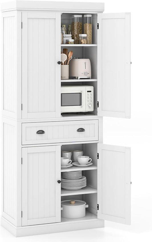 Tangkula 72" H Kitchen Pantry Cupboard Cabinet, Traditional Freestanding Large Tall Storage Cabinet with 2 Cabinets and Drawer, Adjustable Shelves, for Living Room Kitchen, 30 x 16 x 72 Inch