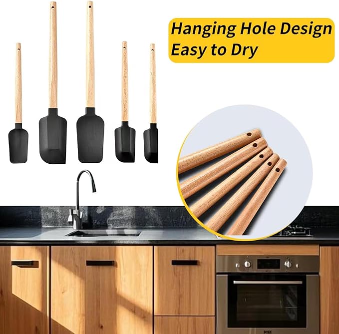 Non-Stick Rubber Spatula Set 5 Pieces - Food Grade Silicone Spatulas, Spoon Scraper, Jar Scraper, Flat Scraper for Baking Cooking Mixing Frosting - 600째F Heat Resistant (Cream White)