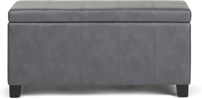 SIMPLIHOME Dover Storage Ottoman Bench - 36 inch Wide Upholstered Vegan Leather Rectangular Lift-Top Ottoman in Stone Grey, Contemporary Bench for Living Room with Safety Hinges