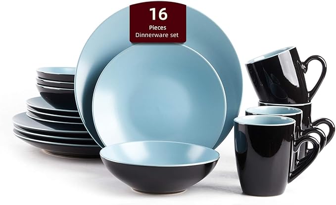Stoneware Two-Tone Colors Life 16pc Dinner Set竊?Outside Shiny Black + Inside Matte Glaze Turquoise