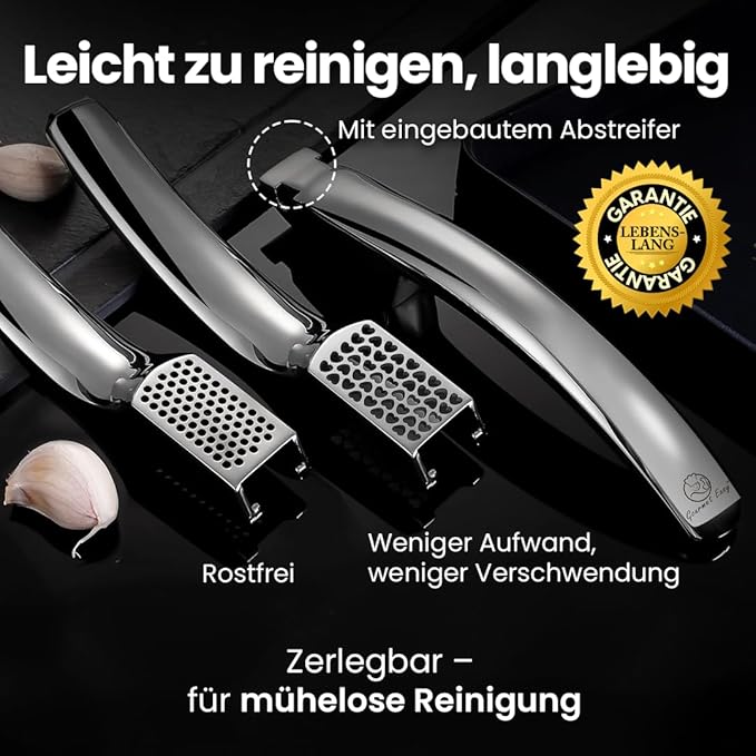 No Peeling Required Garlic Press Stainless Steel with Two Detachable Handles for Coarse&Fine Mincing-Premium Garlic Mincer Tool, Easy to Clean, Dishwasher Safe Garlic Crusher with Lifetime Replacement