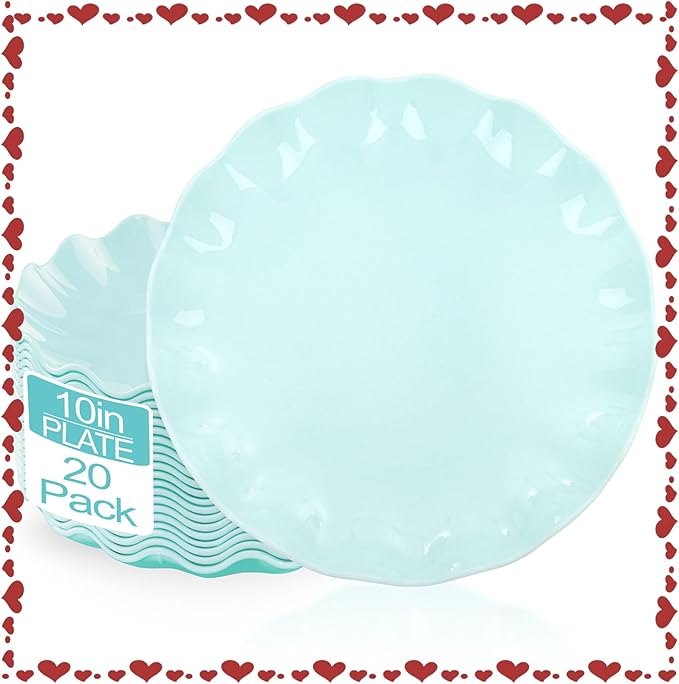 LIYH 20 Pcs 10 Inch Ice Blue Plastic Plates Reusable - Unbreakable Light Blue Scalloped Plastic Outdoor Plates Dishwasher Safe for Party