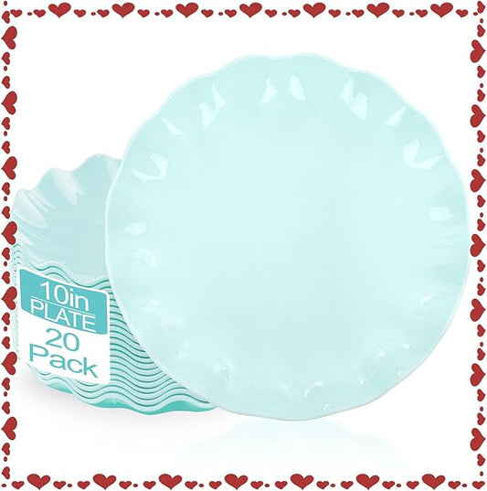 LIYH 20 Pcs 10 Inch Ice Blue Plastic Plates Reusable - Unbreakable Light Blue Scalloped Plastic Outdoor Plates Dishwasher Safe for Party