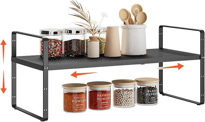 16.5-27?쇺셂 Expandable Stackable Cabinet Shelves, Adjustable Spice Rack Cabinet Shelf Organizer for Kitchen, Countertop, Pantry and Cupboard, Black