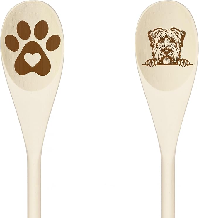 SOFTCOATED WHEATEN TERRIER Wooden Spoons for Cooking, Serving or Decorative Kitchen Utensils Set Dog Lover Dog Mom/Dad Gift with Peeking Dog Designs, Paw Print and Dog Head, Kitchen Utensils Set of 2