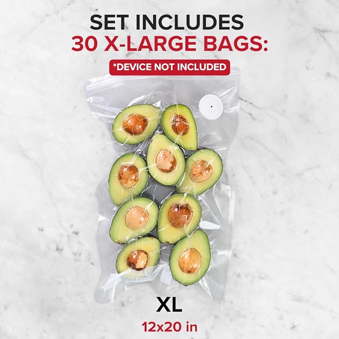 Chef Preserve Reusable Vacuum Sealer Bags for Food ??30 BPA-Free XL Large (12 x 20 in) Food Storage Bags, Freezer, Microwave ??Odor-Resistant, Leak-Proof ??Compatible with Chef Preserve Vacuum Sealers