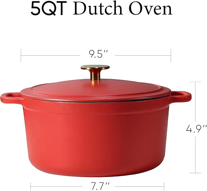 CAROTE 5QT Enameled Cast Iron Dutch Oven Pot with Lid, Heavy-Duty Dutch Oven for Sourdough Bread Baking, Braising, Stews, Roasting, Healthy & Non-Toxic, Dual Handles, All Stovetop Compatible, Oven Safe up to 500째 F, Red