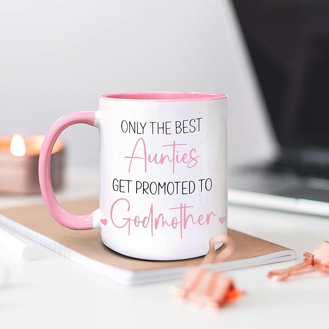 QASHWEY Godmother Coffee Mug, Godmothers Gifts, Aunties Aunt Gifts, Pregnancy Announcement CoffeeMug Tea Cup Gift for Friends Women, Promoted to Godmother Coffee Cups Ceramic 11oz(Pink)