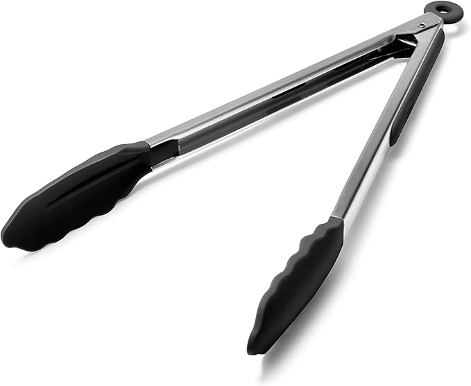 Doosu Kitchen Tongs for Cooking - 600째F Heat Resistant Food Tong with Non-Scratch Silicone Tips, Heavy Duty Stainless Steel Locking Tong for BBQ, Grilling Steak, Serving Salad, Pasta (12in, Black)