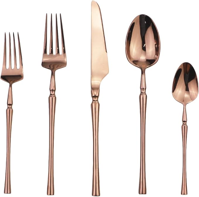 Gugrida Copper Silverware Set, 5-Piece 18/10 Stainless Steel Flatware Cutlery Set for 1,Mirror Finish, Ideal for Wedding Festival Party Home Kitchen, Dishwasher Safe