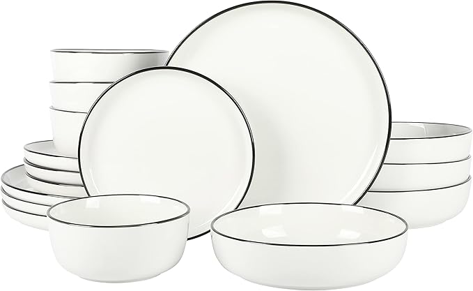 Gibson Home Oslo 16-Piece Porcelain Dinnerware Set, Service for 4 ??White Plates with Black Rim, Microwave & Dishwasher Safe