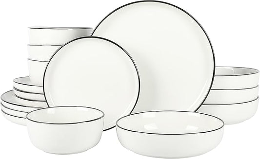 Gibson Home Oslo 16-Piece Porcelain Dinnerware Set, Service for 4 ??White Plates with Black Rim, Microwave & Dishwasher Safe